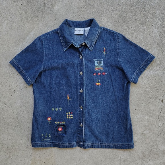 Studio Ease Tops - 90s Cottagecore Denim Shirt Size XL Embroidered Short Sleeve Grandma Garden